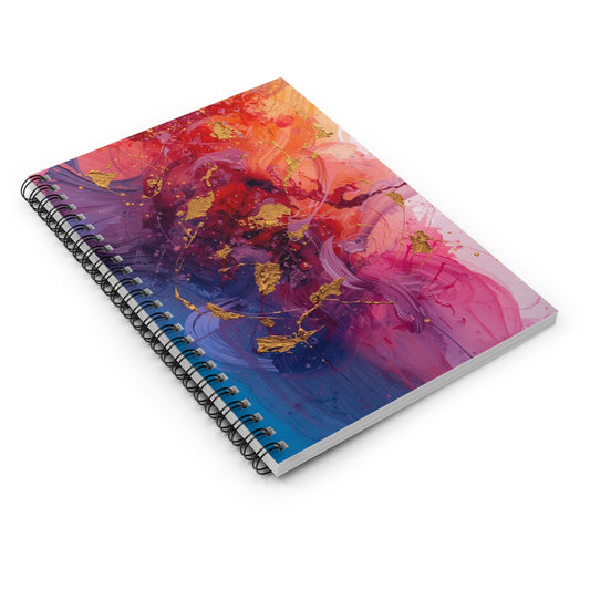 Spiral-bound notebook with a colorful abstract design on a white background