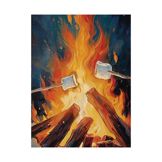 Artistic depiction of marshmallows on sticks over a campfire with a dark sky background