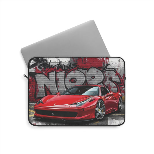Laptop sleeve with red car design and graffiti text on a white background