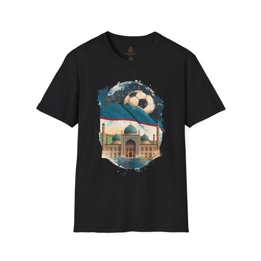 Uzbekistan Football Pride T-shirt Historic Madrasa and Vintage Soccer Ball Tee