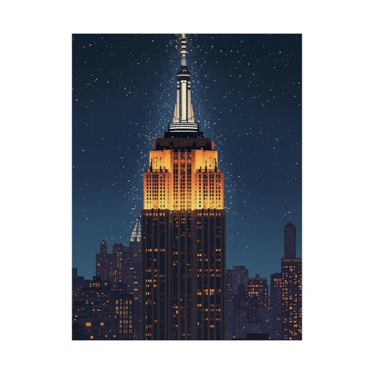 Illustration of the Empire State Building at night with a starry sky.
