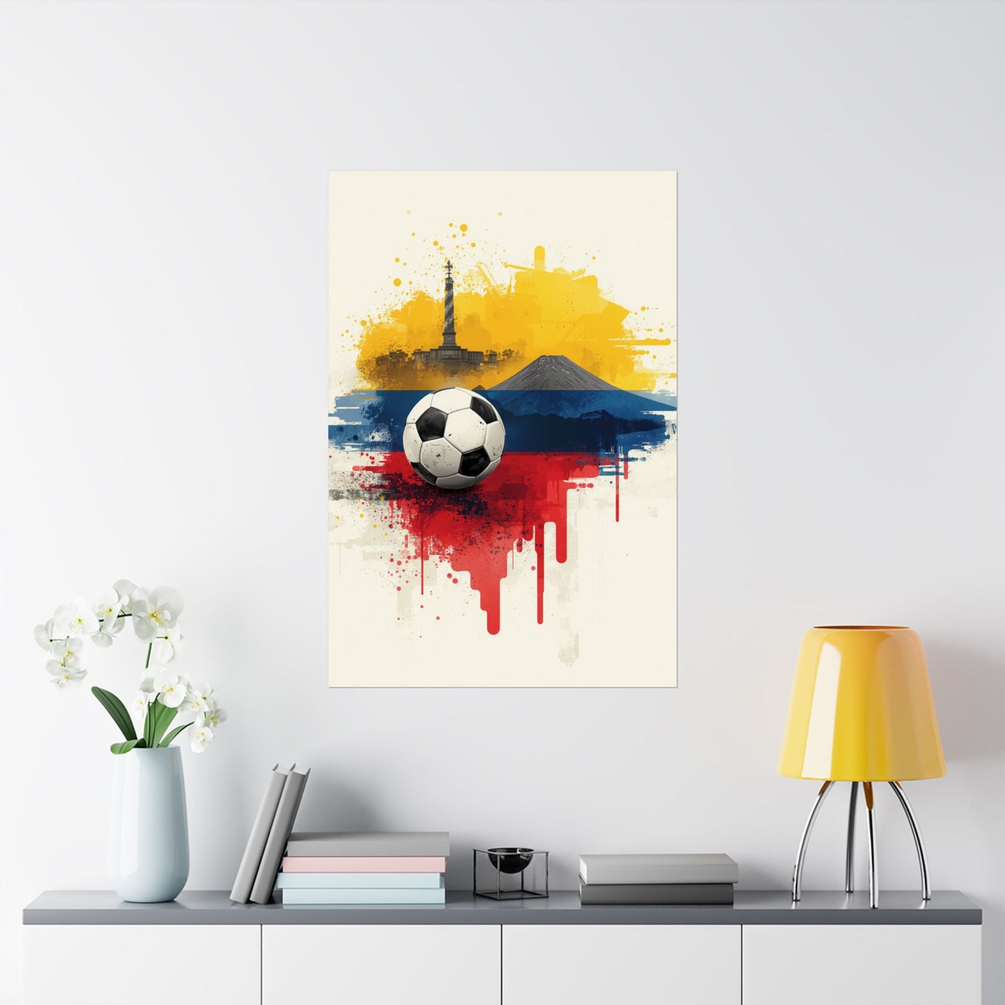 Ecuador Soccer Poster — Matte Flag Art with Pichincha Volcano & Quito Monument Art
