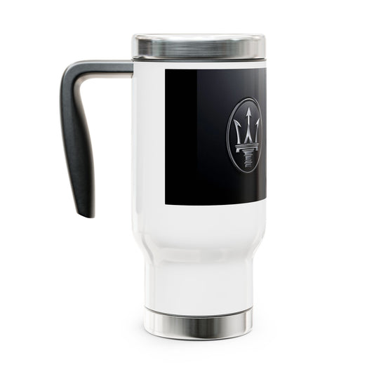 White travel mug with black accent and logo on a white background