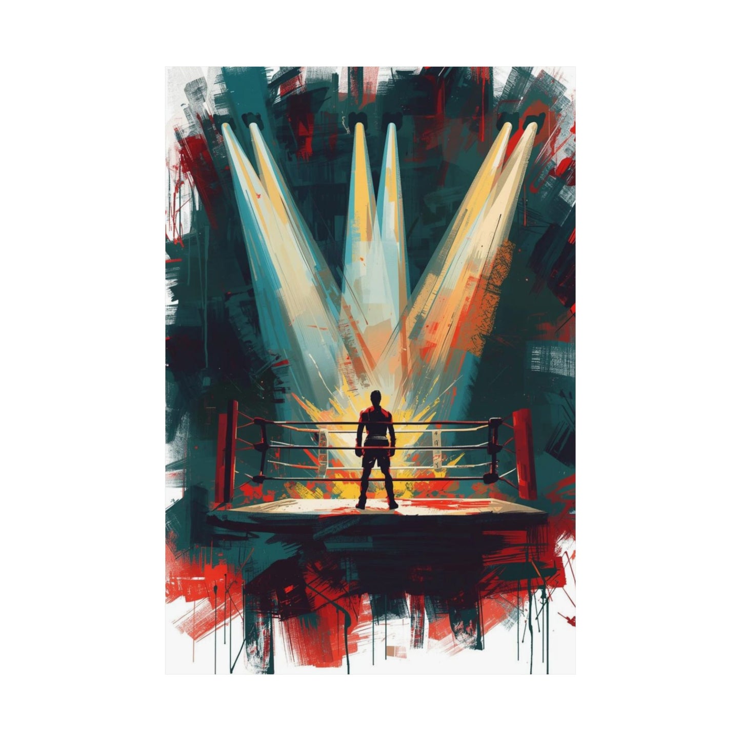 Artistic depiction of a boxer in a boxing ring with dramatic lighting and abstract background