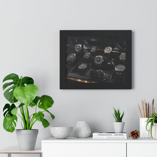 Framed artwork of watches on a wall above a white cabinet with decorative items.