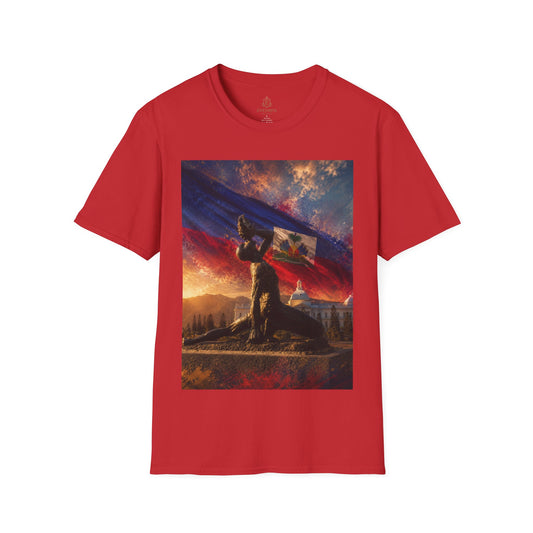 Haitian "Marron Inconnu" Sculpture T-Shirt — Spirit of Freedom & Flag Fan Tee