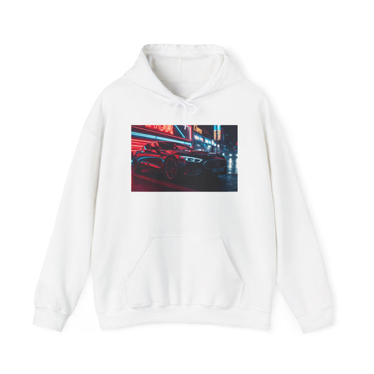 White hoodie with a graphic of a car under neon lights on a white background