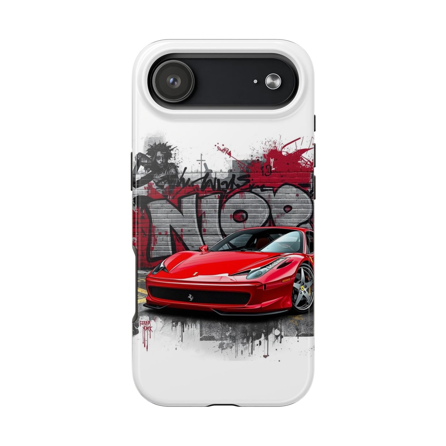 Phone case with a red sports car design on a white background