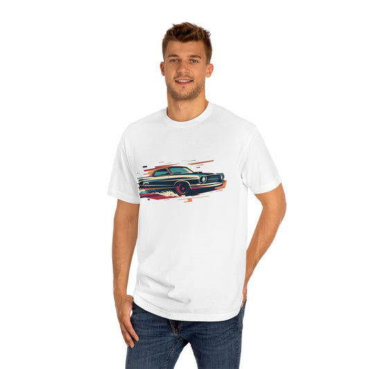 Man wearing a white t-shirt with a car graphic on a white background