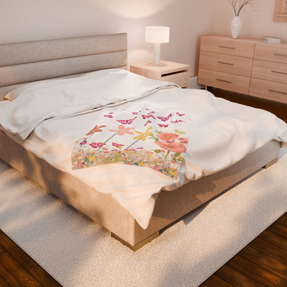 Bed with floral blanket in a bedroom setting