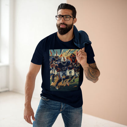 Man wearing a navy blue t-shirt with a graphic design of a football player in action.