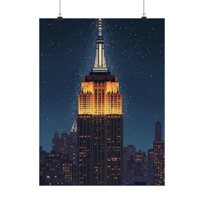 Poster of the Empire State Building at night with a starry sky.