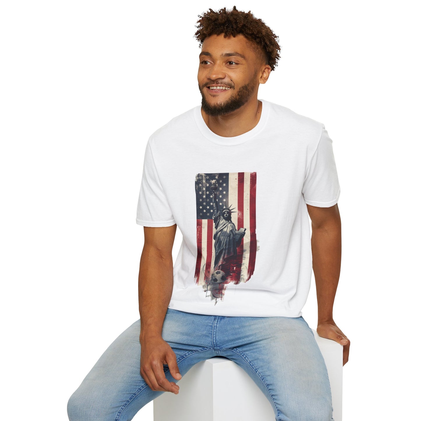 Statue of Liberty American Flag Soccer T-Shirt — Patriotic USA Graphic Tee