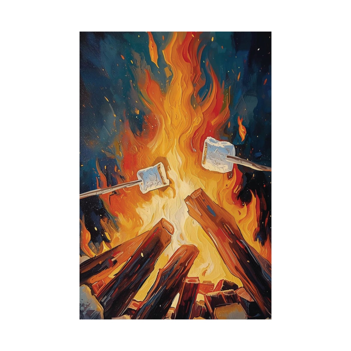 Artistic depiction of marshmallows roasting over a campfire with a night sky background.