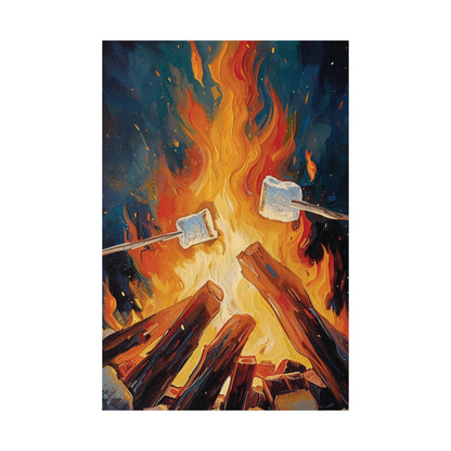Artistic depiction of marshmallows roasting over a campfire with a night sky background.