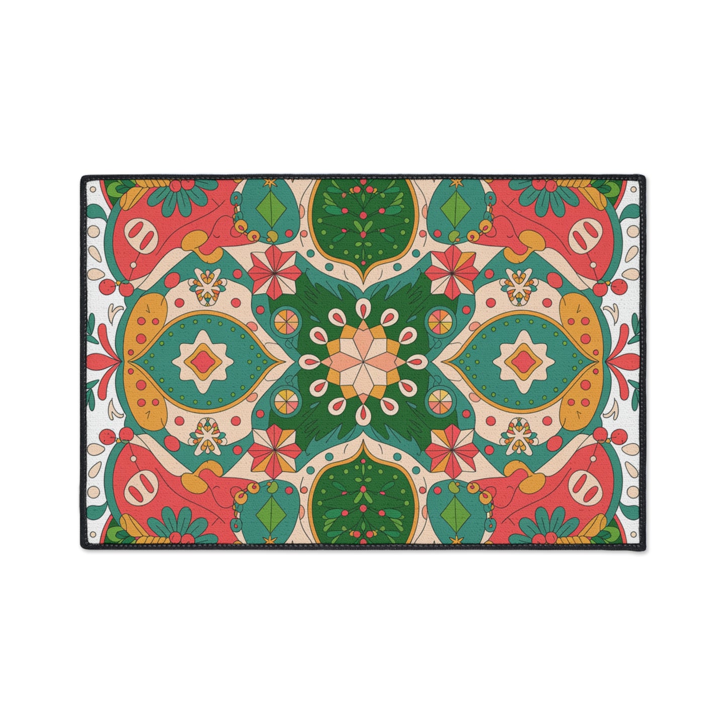 Colorful patterned doormat with geometric design on a white background