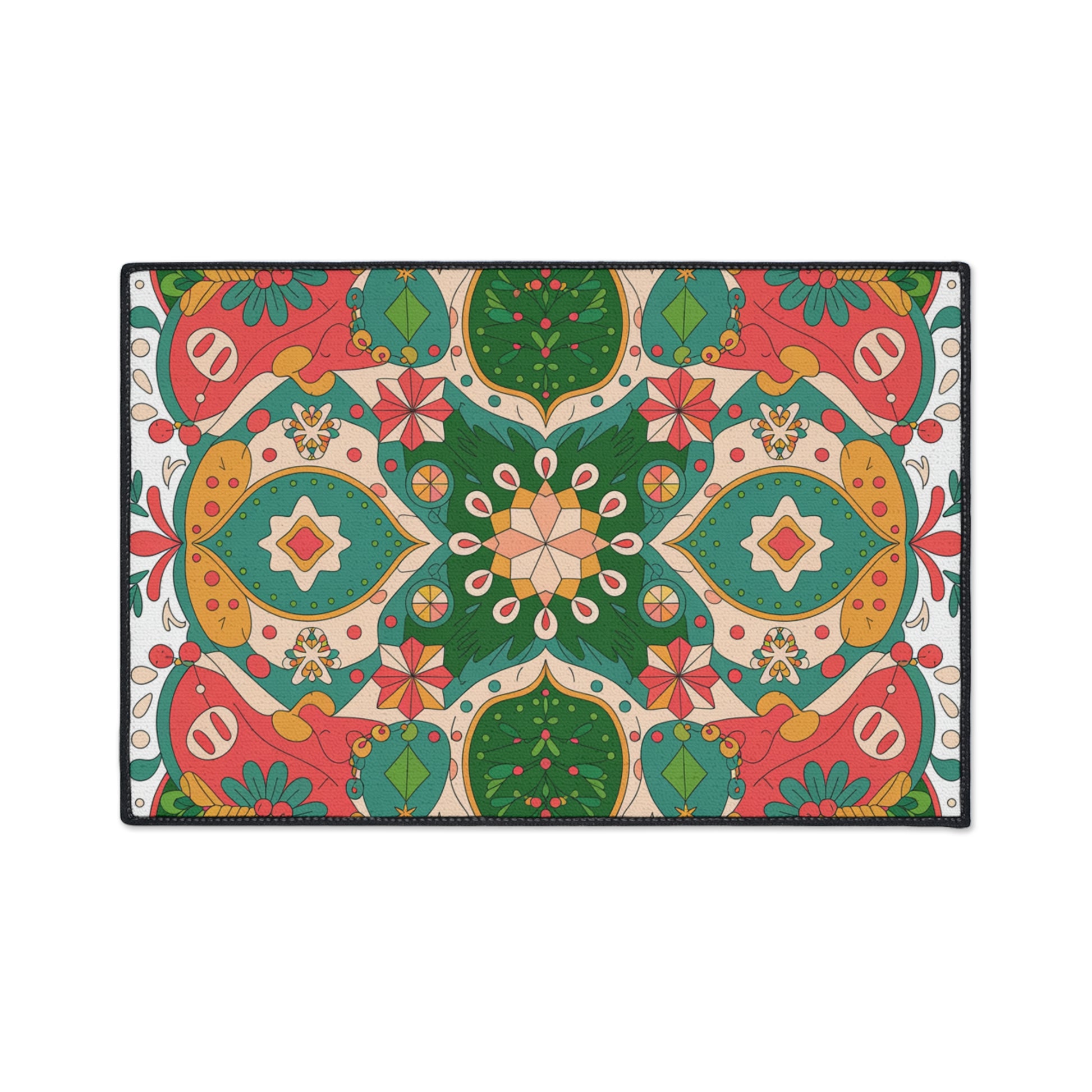 Colorful patterned doormat with geometric design on a white background
