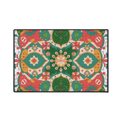 Colorful patterned doormat with geometric design on a white background