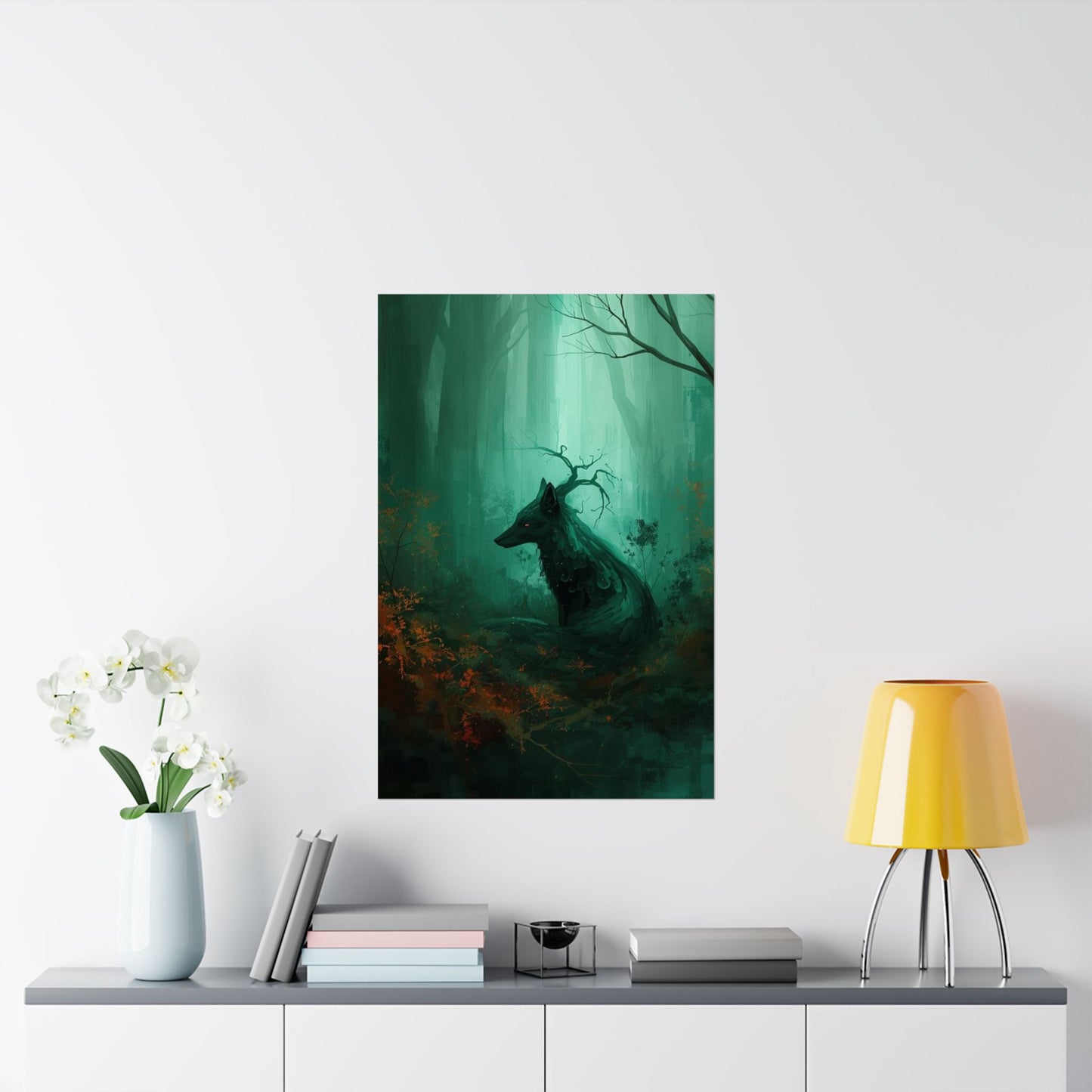 Mystic Forest Wolf Wall Art Poster | Dark Green Woodland Matte Print