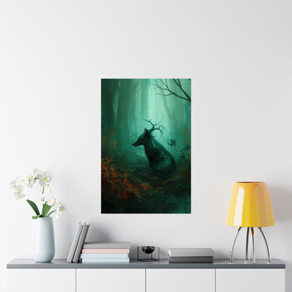 Mystic Forest Wolf Wall Art Poster | Dark Green Woodland Matte Print