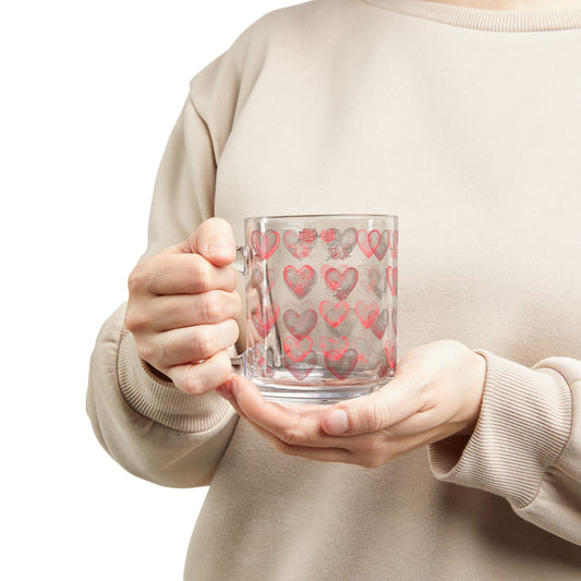 10oz Glass Mug — Pink Watercolor Hearts Love Pattern (Valentine’s Day Gift)