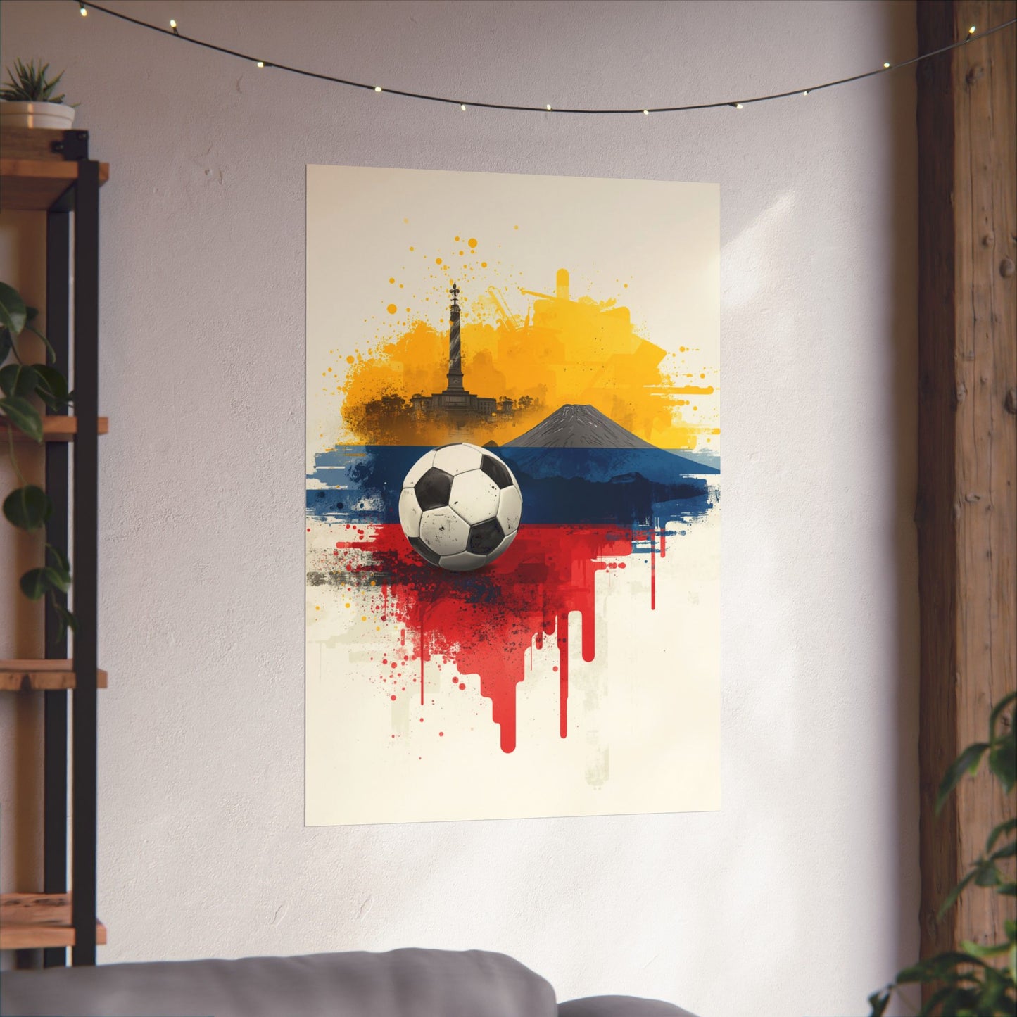 Ecuador Soccer Poster — Matte Flag Art with Pichincha Volcano & Quito Monument Art