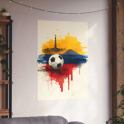Ecuador Soccer Poster — Matte Flag Art with Pichincha Volcano & Quito Monument Art
