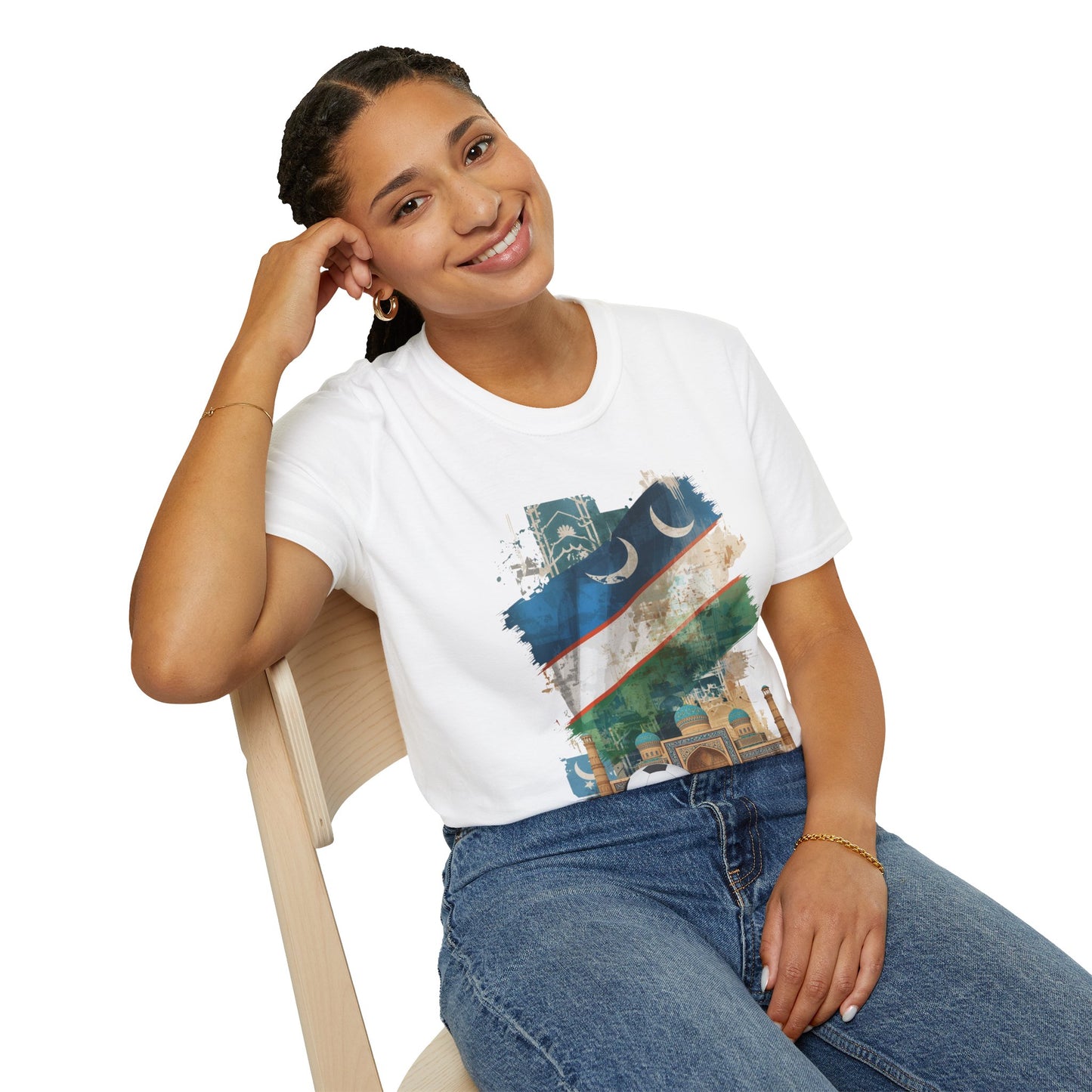 Uzbekistan Flag Soccer T-Shirt — Crescent Emblem & Landmark Design Tee