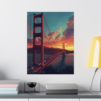 Framed artwork of the Golden Gate Bridge at sunset on a wall above a shelf.