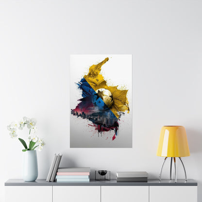 Colombian Map Tricolor Flag Football and Urban Skyline Matte Art Poster