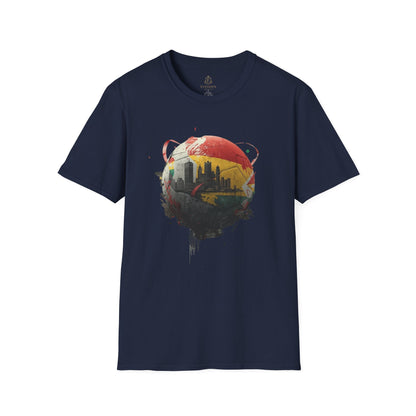 Ghana Soccer Ball with Accra Skyline and Flag Drips T-shirt Fan Tee