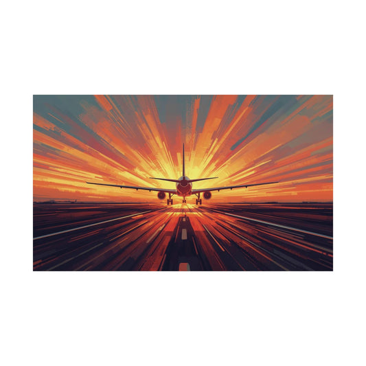 Airplane taking off with a vibrant sunset or sunrise in the background