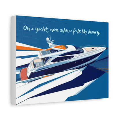 Canvas wall art with Yacht illustration, a blue background and text 'On a yacht, even silence feels like luxury.'