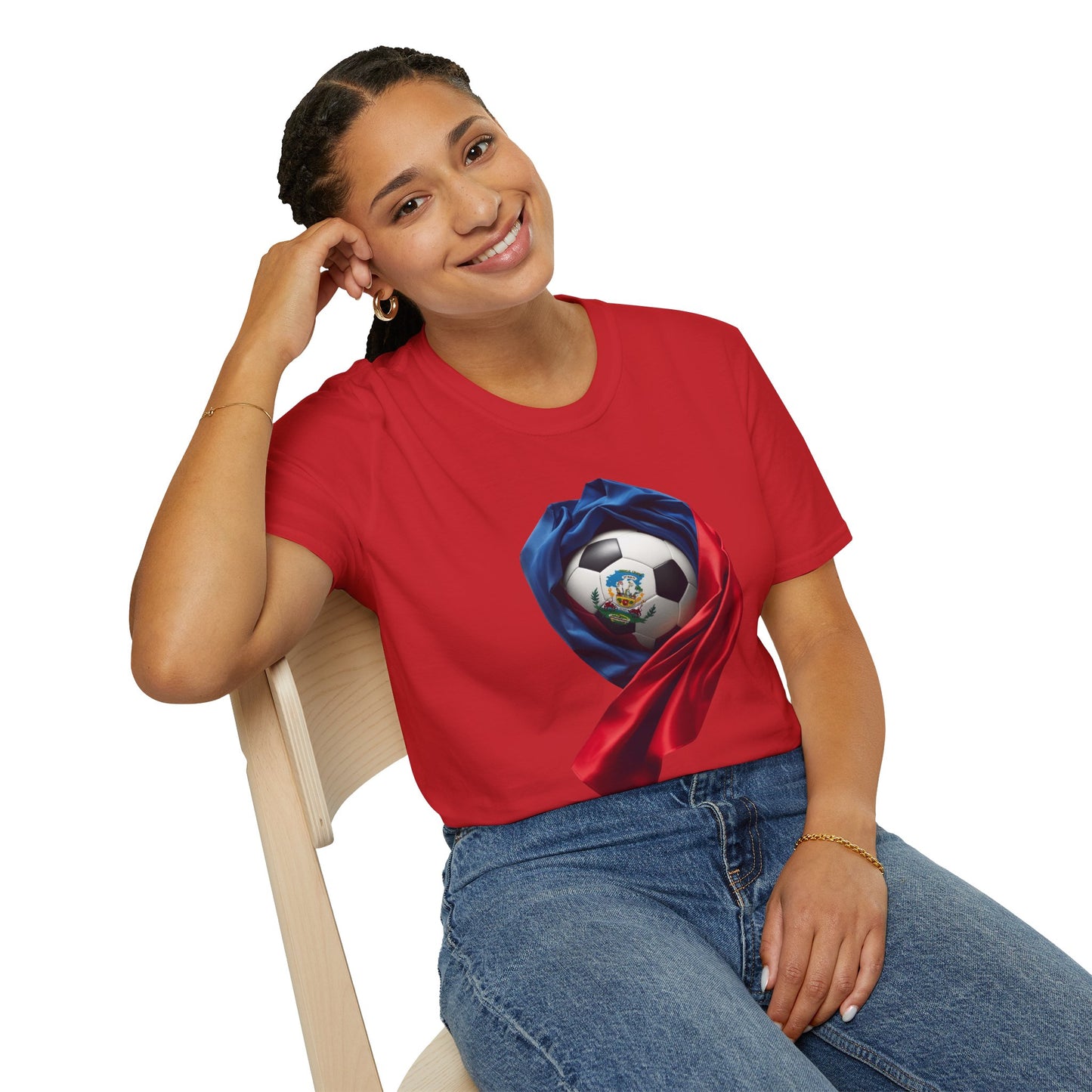 Haitian Soccer Ball T-shirt Enveloped in Flag Fabric with Coat of Arms Tee