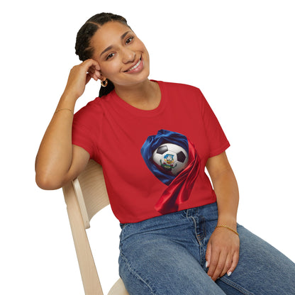 Haitian Soccer Ball T-shirt Enveloped in Flag Fabric with Coat of Arms Tee