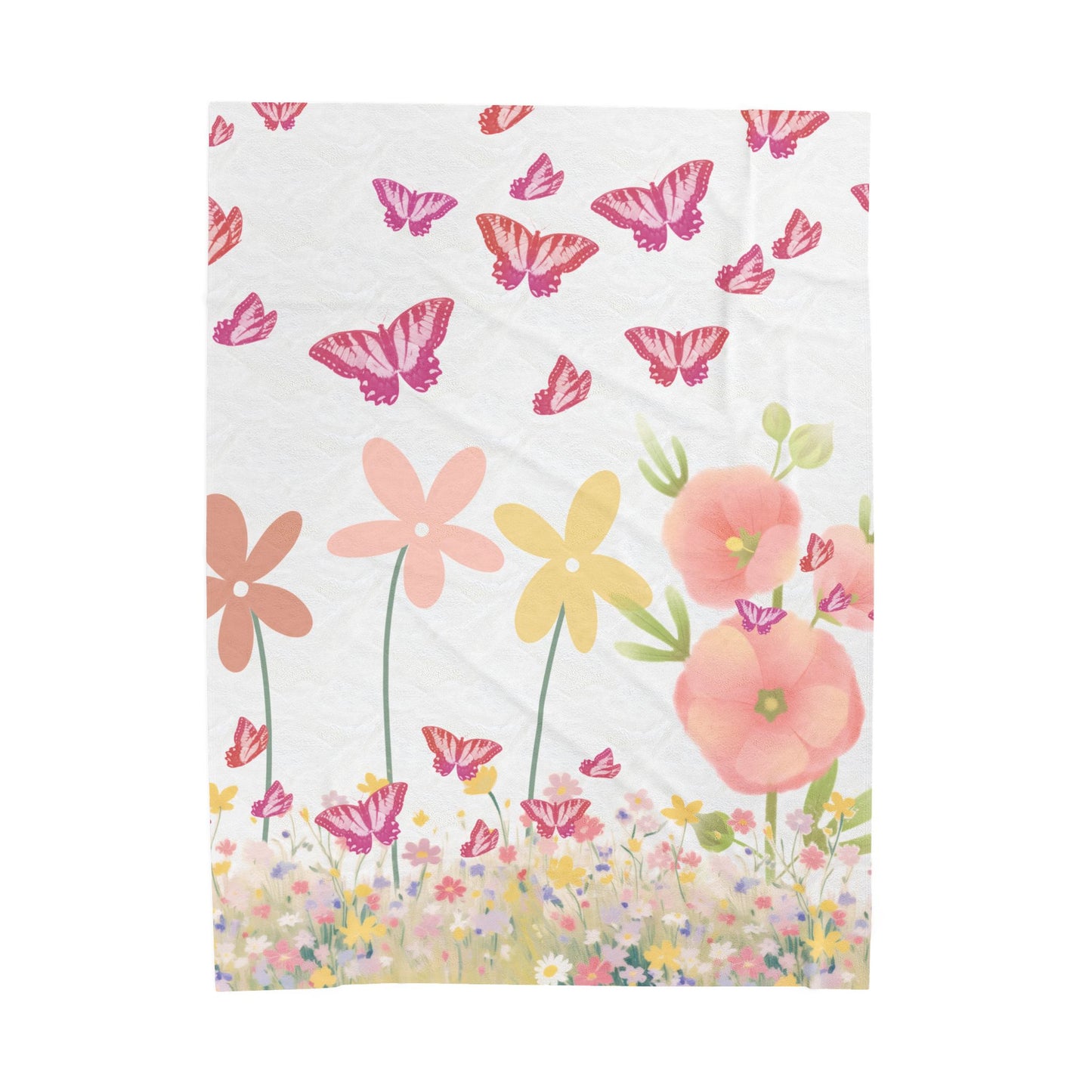 Floral and butterfly pattern blanket on a white background