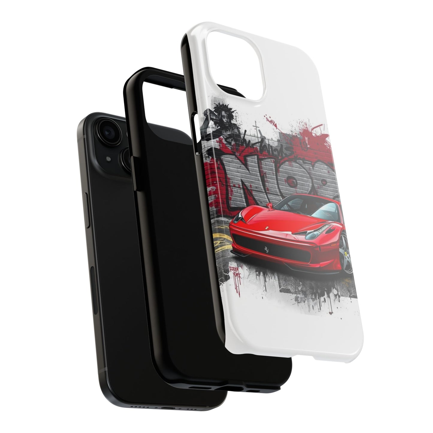 Phone case with a red car design and  text on a white background