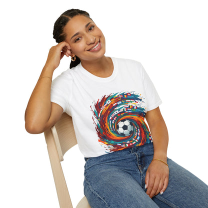 Soccer World Flags T-Shirt — Vibrant International Football Swirl