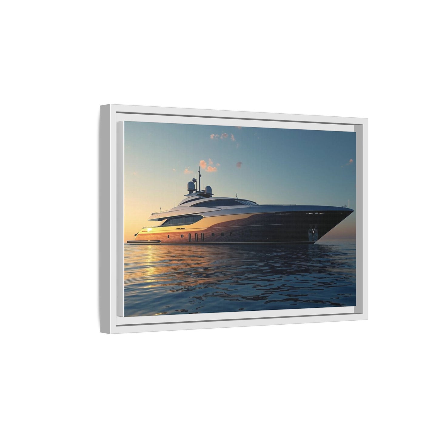 Framed photograph of a yacht on water with a sunset background