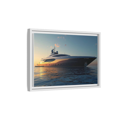 Framed photograph of a yacht on water with a sunset background