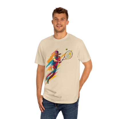 Tennis Player Graphic Tee — Colorful Action Racquet Design Shirt