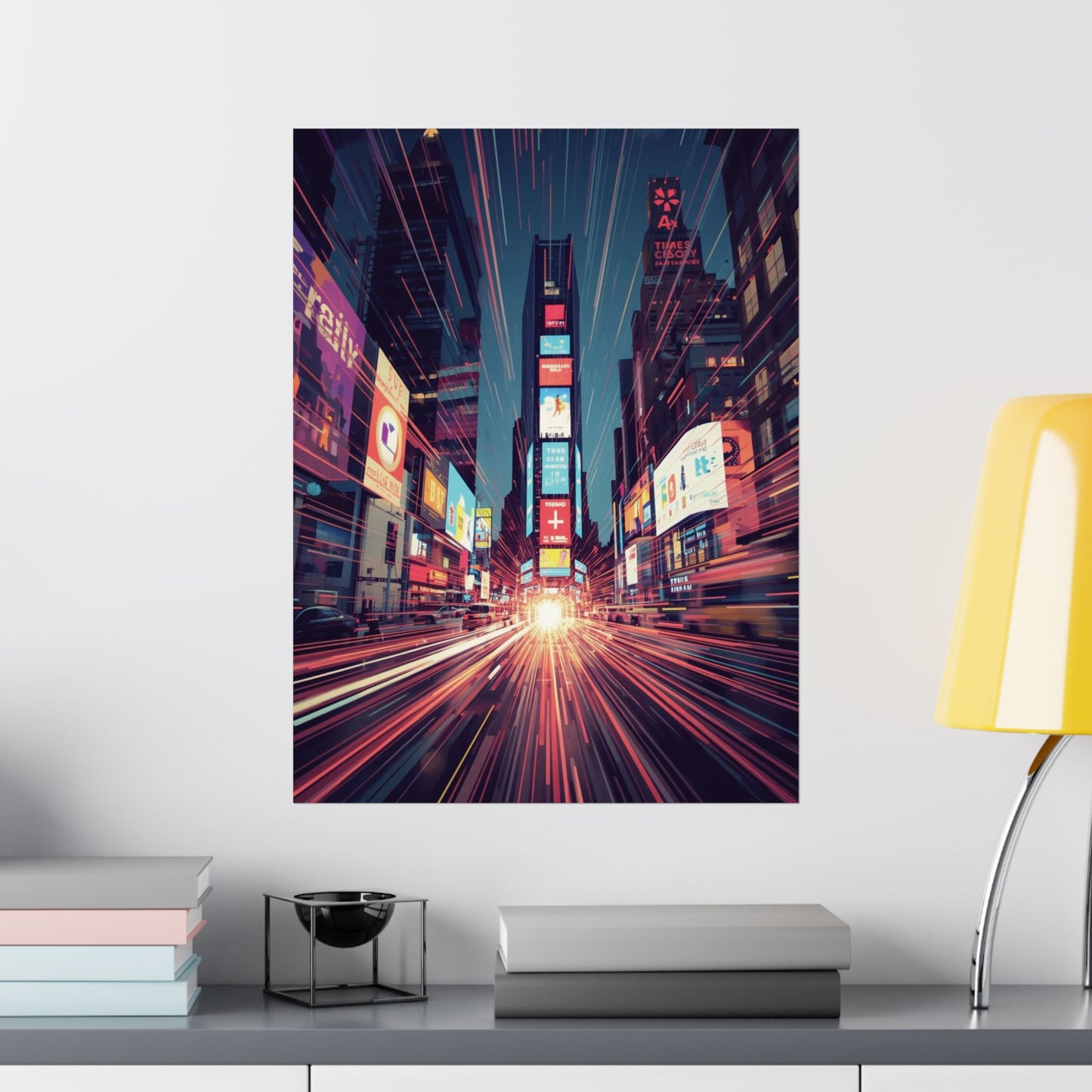 Futuristic cityscape poster on a wall with a yellow lamp and books below.