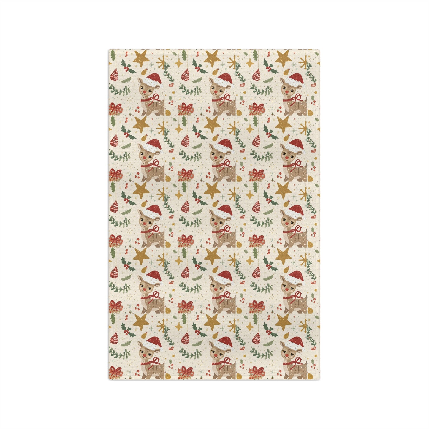 Christmas-themed patterned kitchen towel with reindeer, stars, and bows on a white background
