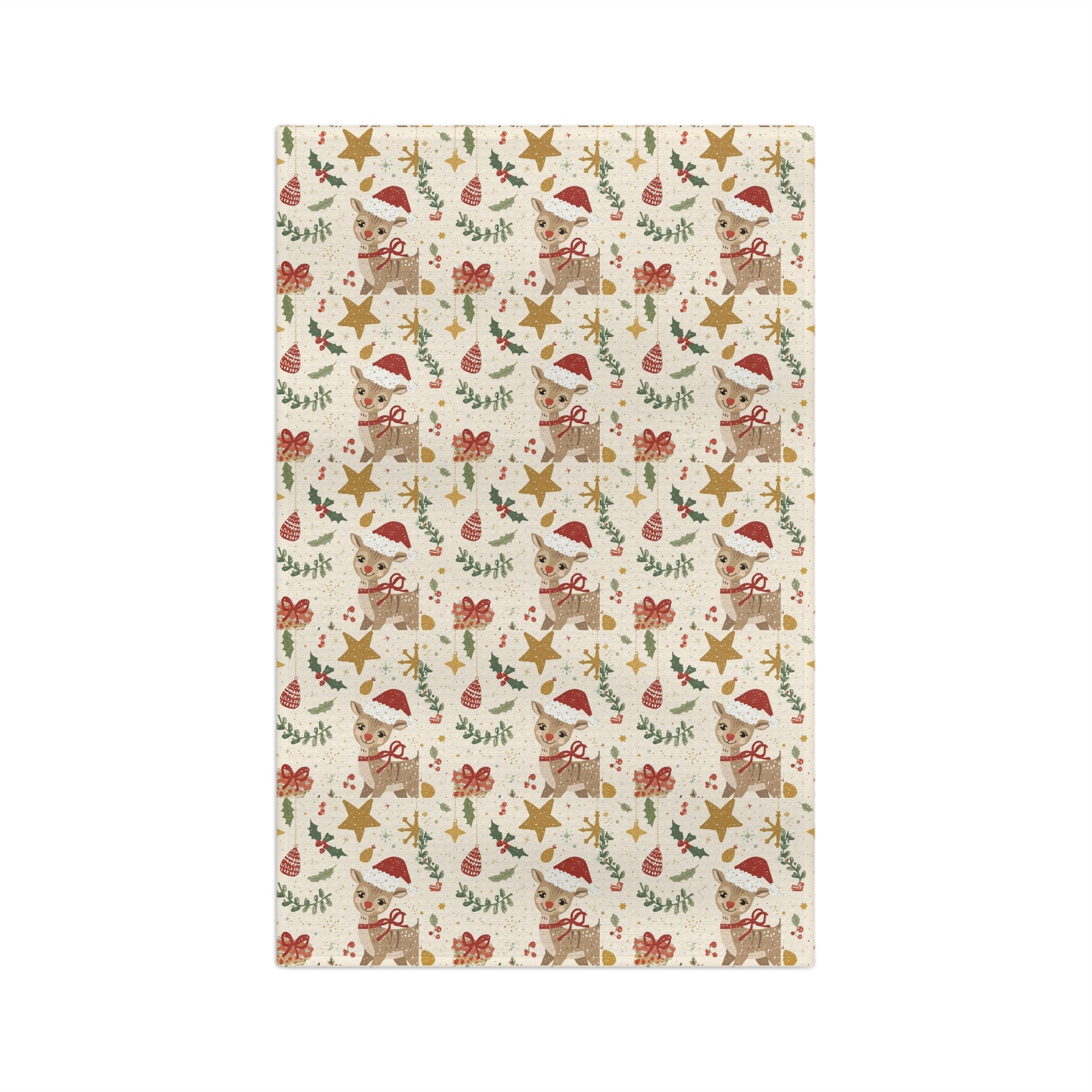Christmas-themed patterned kitchen towel with reindeer, stars, and bows on a white background