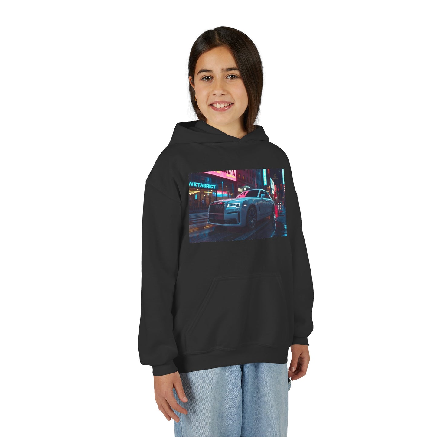 Person wearing a black hoodie with a graphic design on a white background