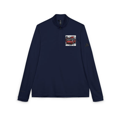 Navy long-sleeve shirt with a small graphic on the chest against a white background