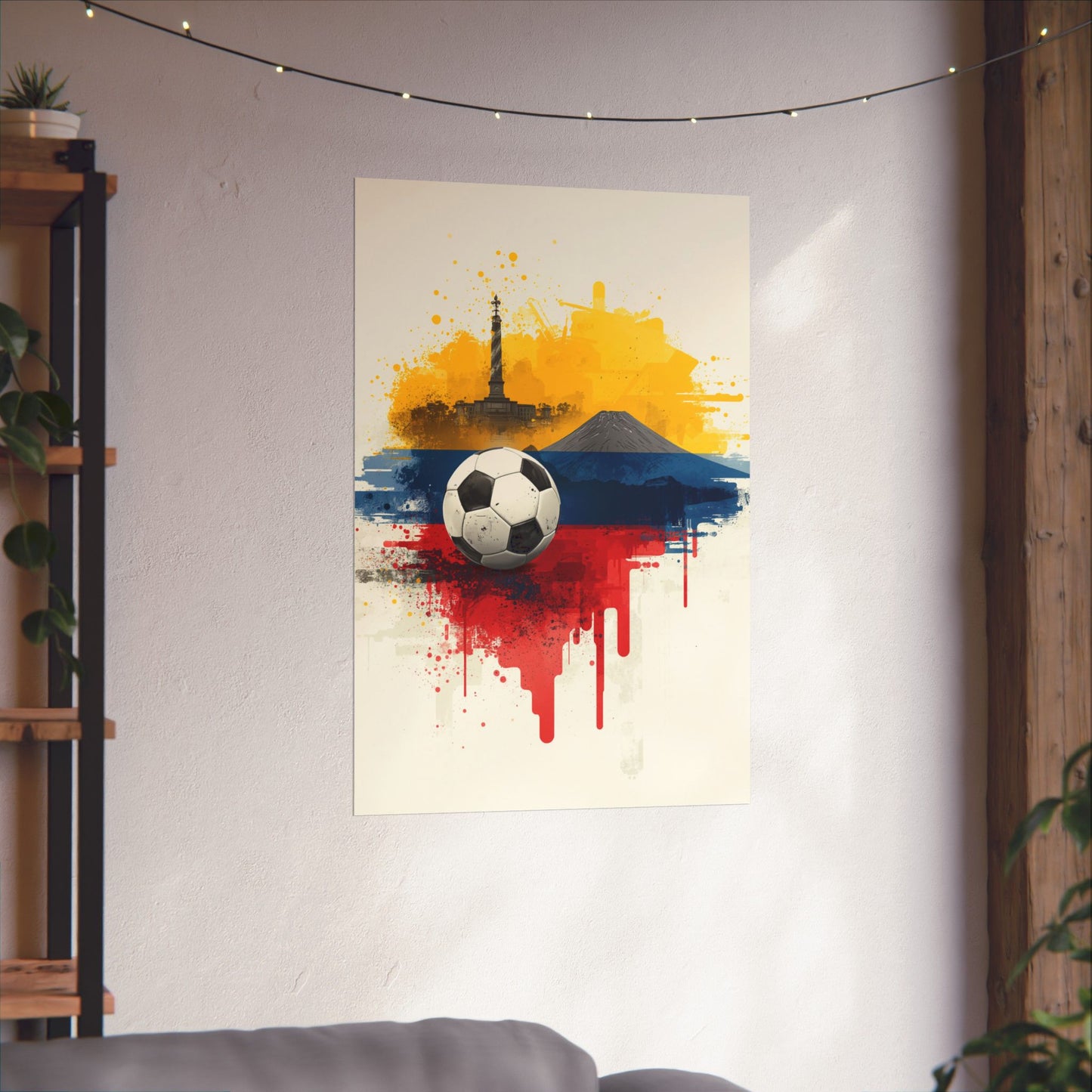 Ecuador Soccer Poster — Matte Flag Art with Pichincha Volcano & Quito Monument Art