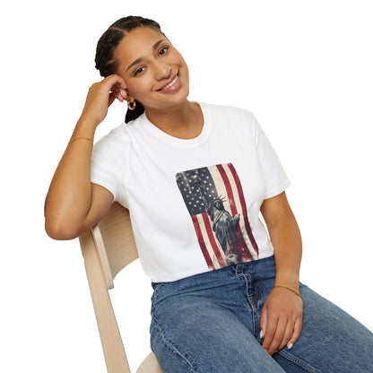 Statue of Liberty American Flag Soccer T-Shirt — Patriotic USA Graphic Tee