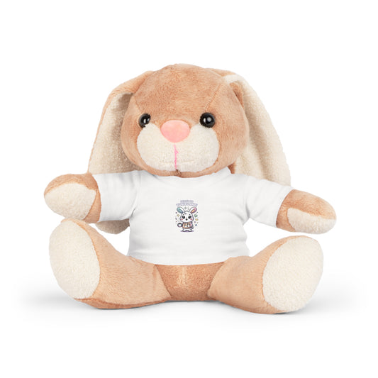 Plush bunny toy wearing a white shirt with a logo on a white background