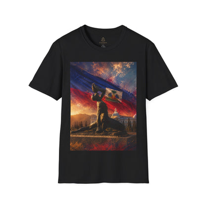 Haitian "Marron Inconnu" Sculpture T-Shirt — Spirit of Freedom & Flag Fan Tee